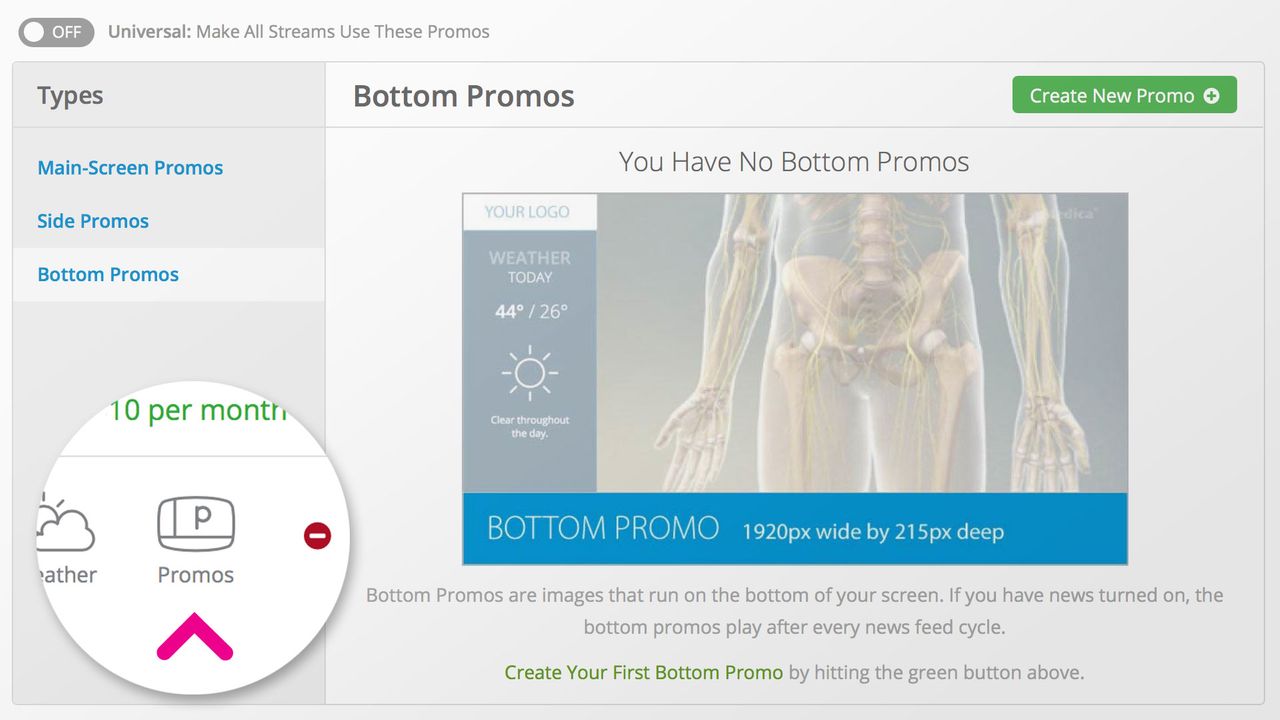 The promos page allows you to add promos the main area, the side area, or the bottom area of your VMcast display.