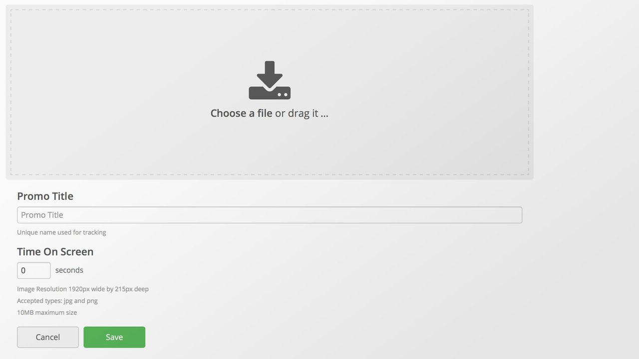The promo uploader page lets you upload a promo, as well as set its title and duration.