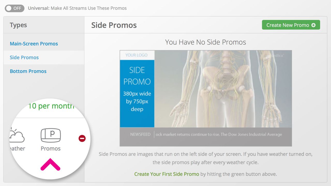 The promos screen helps you manage which promos appear on your VMcast.
