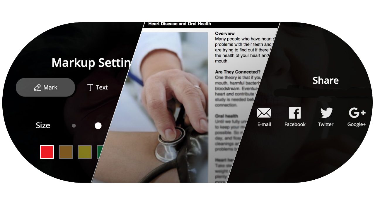 Graphic depicting various features of the ViewMedica On-Demand application such as markup mode, printable brochures and sharing.