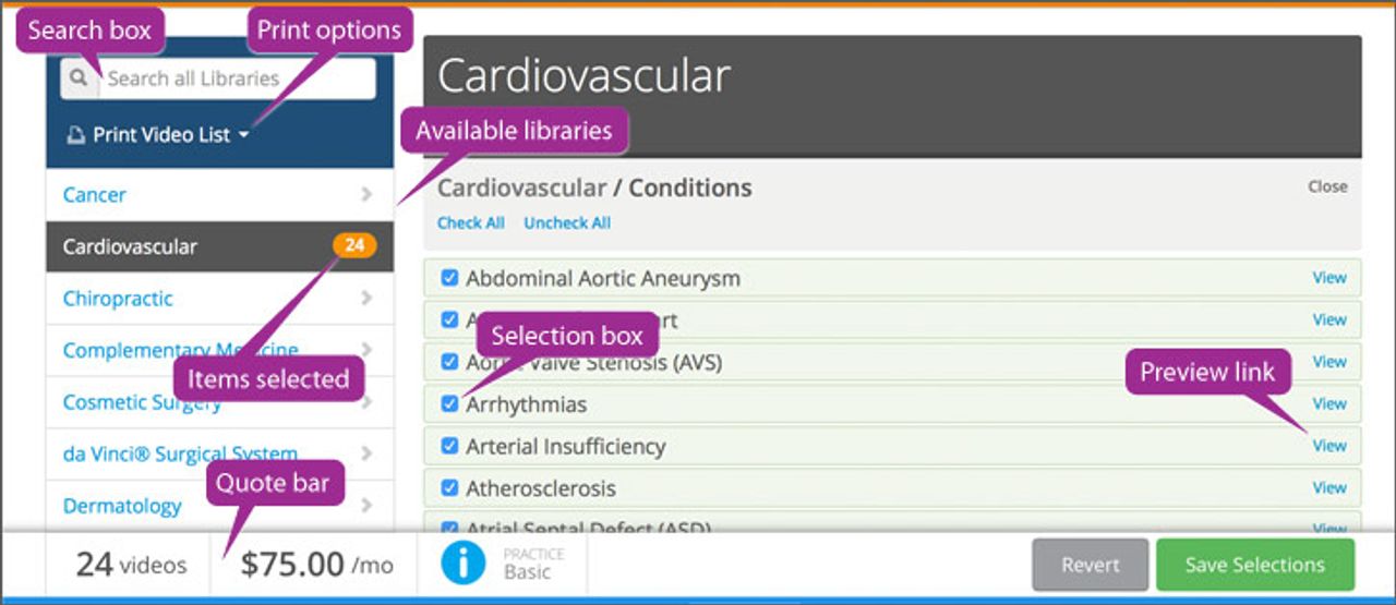 The My Selections page allows you to search for new content, manage your selections, and view estimated pricing based on your settings.
