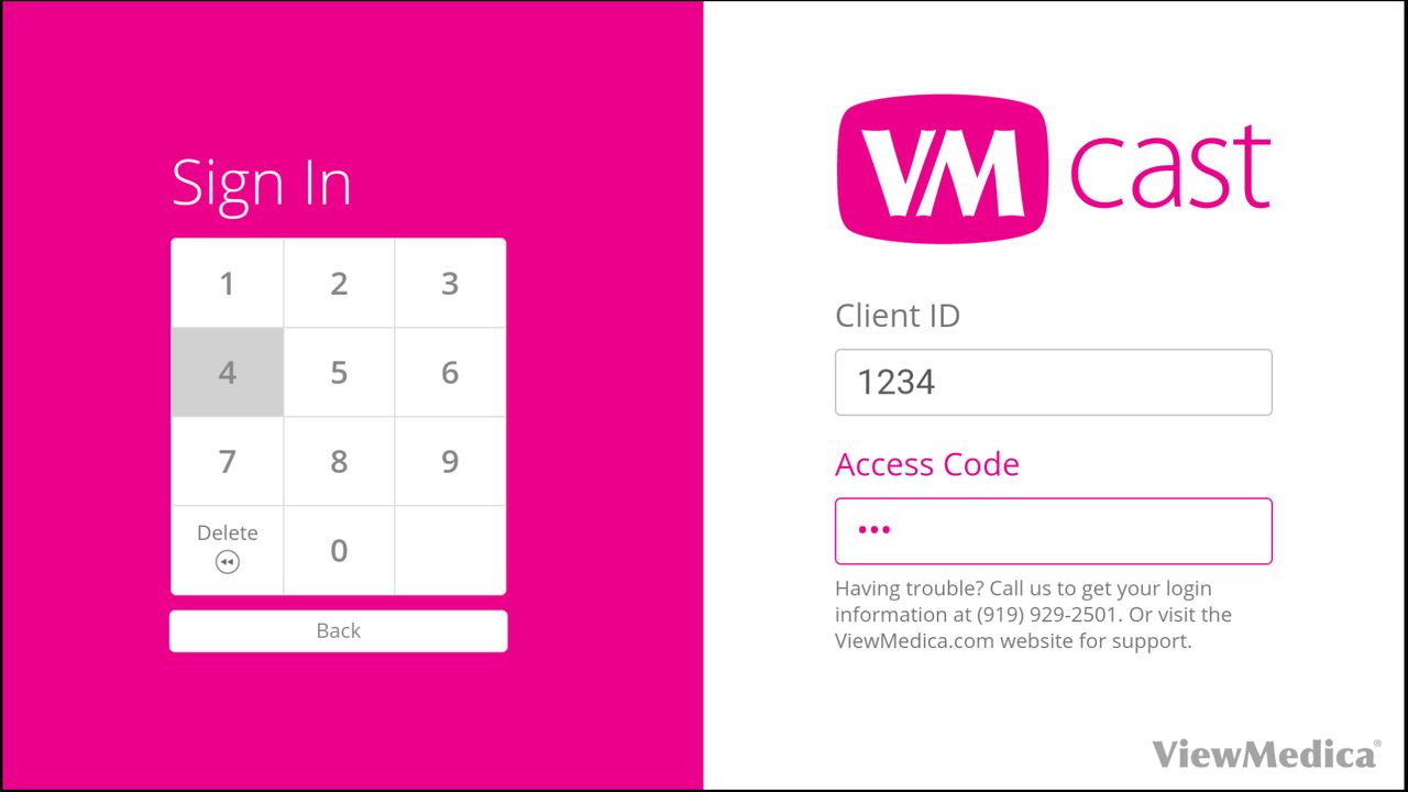 The VMcast login page includes a software keypad to type in the Client ID and Stream Code.