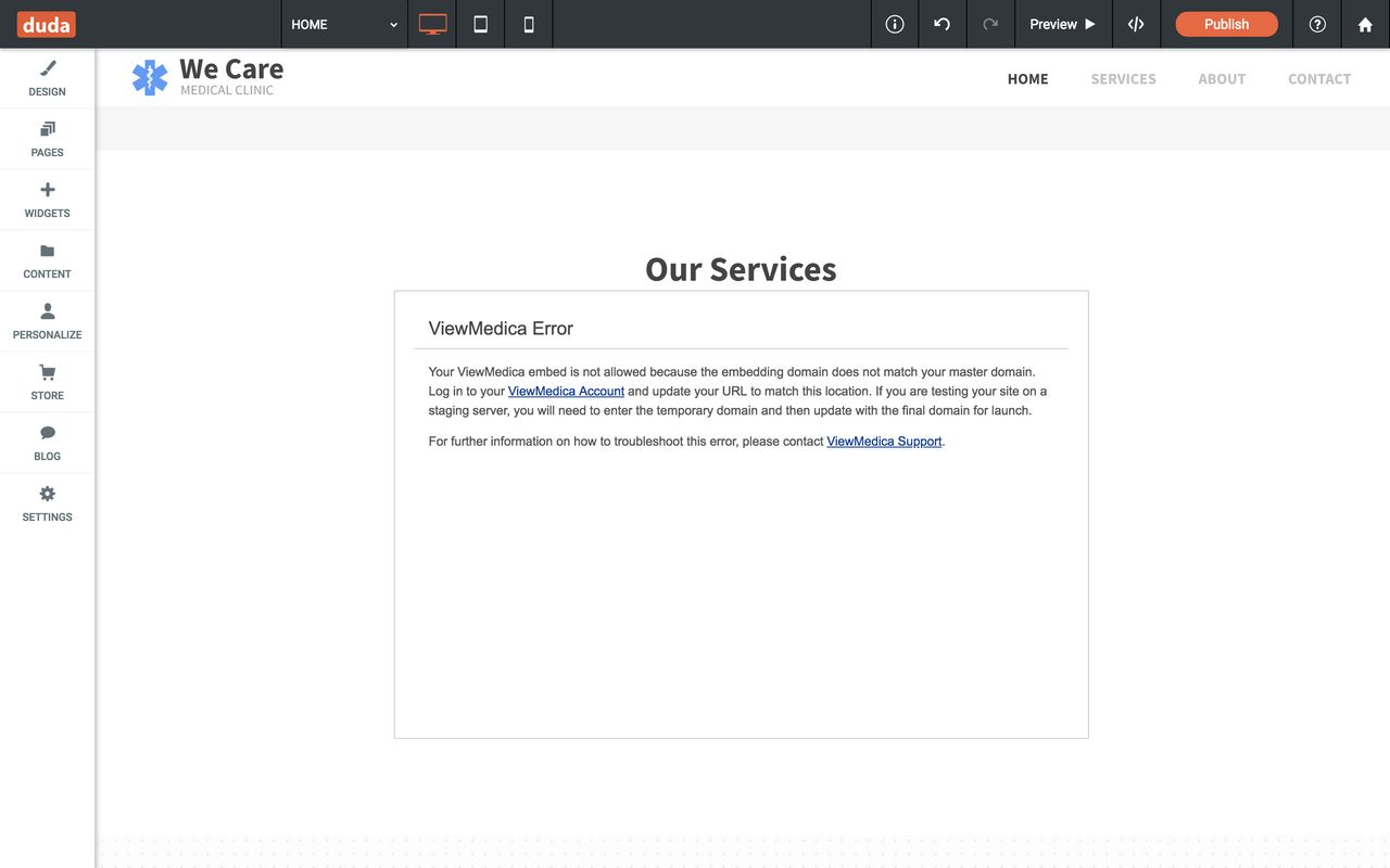 The ViewMedica embed will not work in the duda editor preview mode.