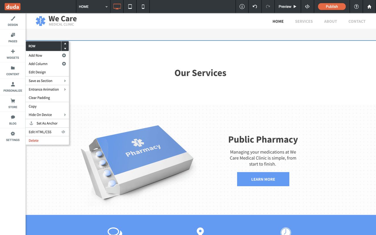 The row button is selected in the duda website builder interface.