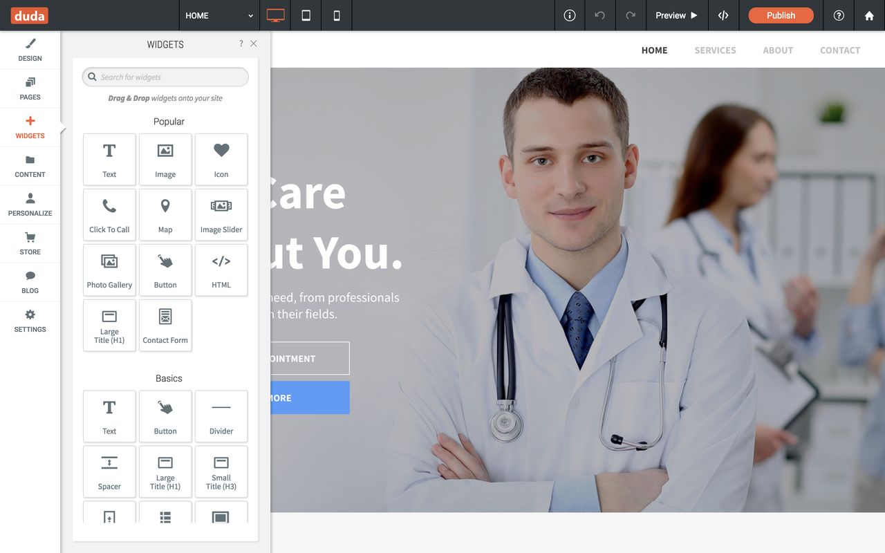 The widgets drawer is opened in the duda website builder interface.