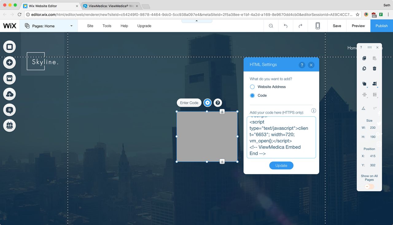 The ViewMedica embed code has been pasted into the code field of the HTML code widget.