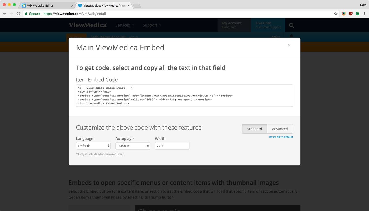 The copy embed dialog is shown on the ViewMedica website.