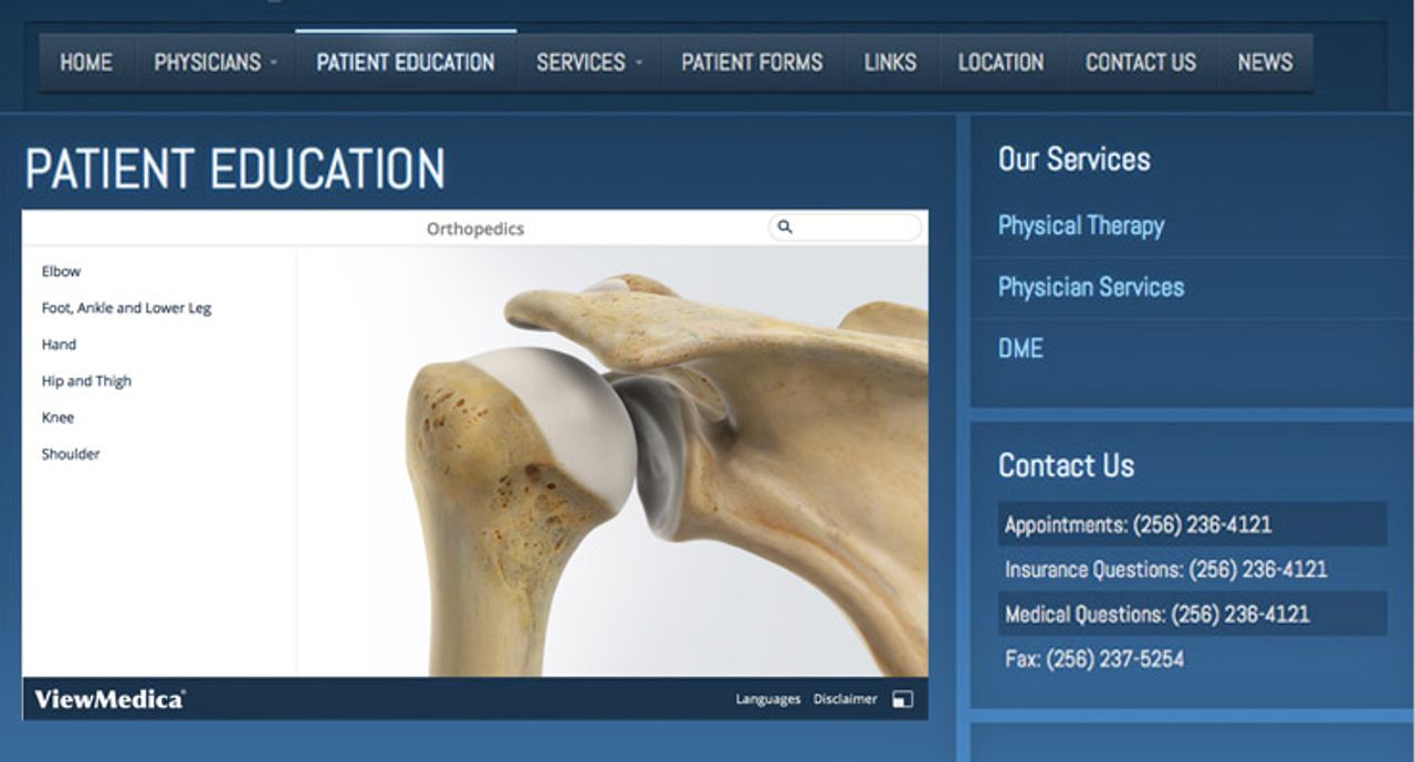 A website shows a ViewMedica embed under the patient education tab.