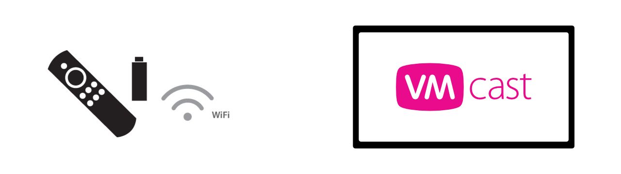 VMcast works with an Amazon Fire TV Stick, wireless internet, and a television.