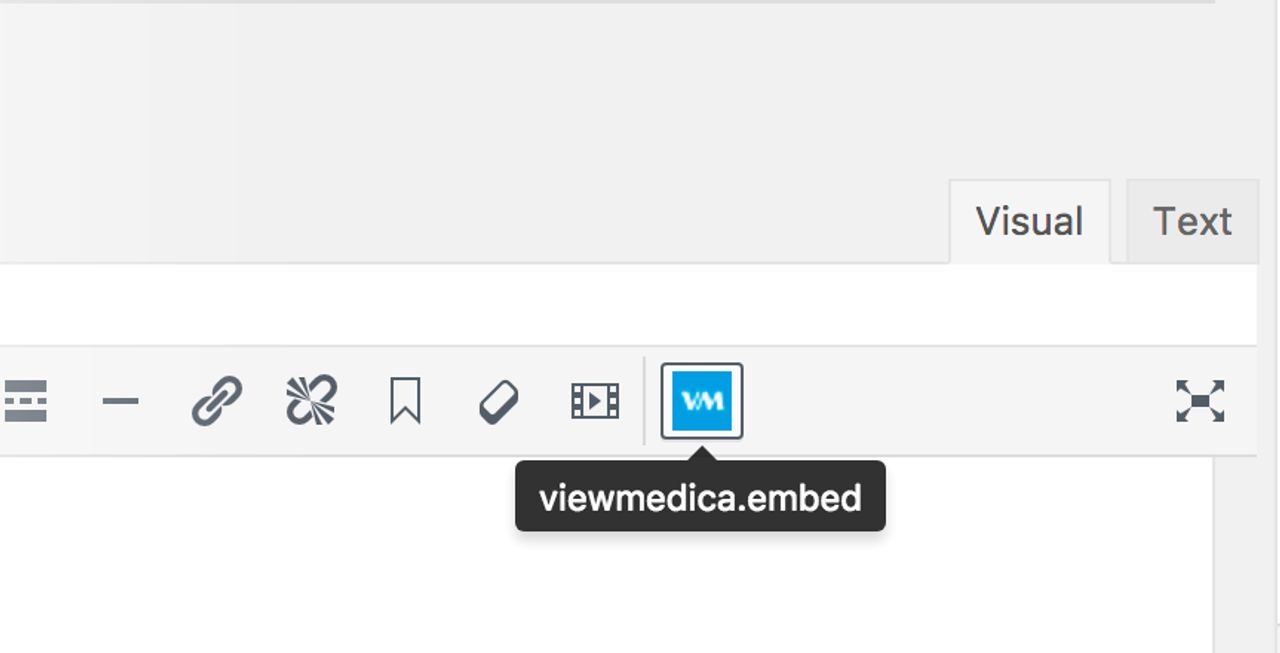 The ViewMedica WordPress plugin adds a clickable button to the visual editor.
