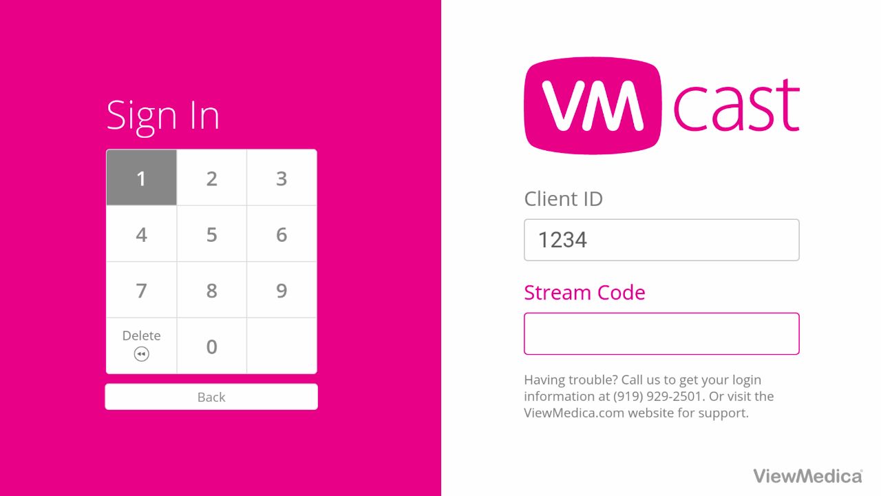 The VMcast login page features a keypad on the left to enter your Client ID and Stream Code.
