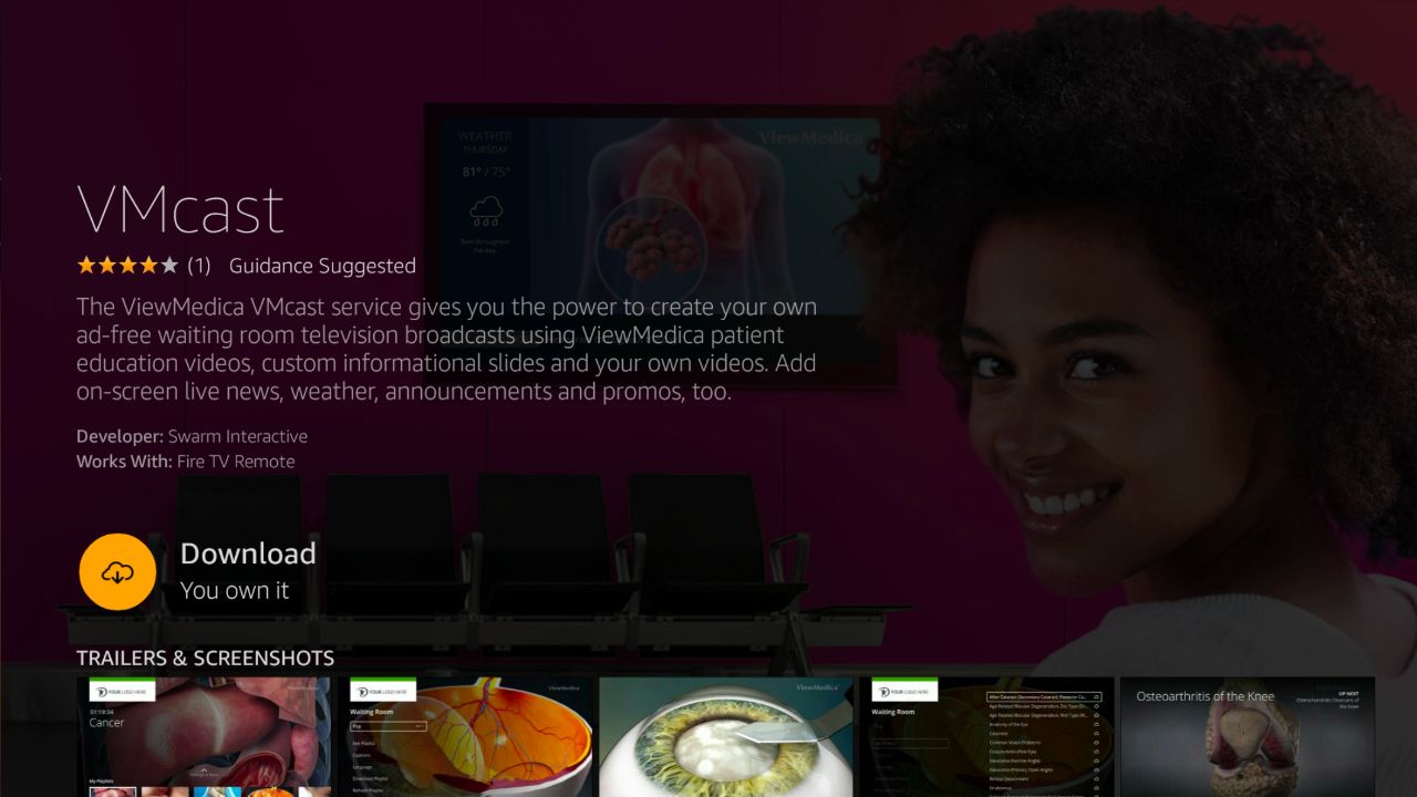 The VMcast for Fire TV download page describes the purpose of the app and includes a button to download it.