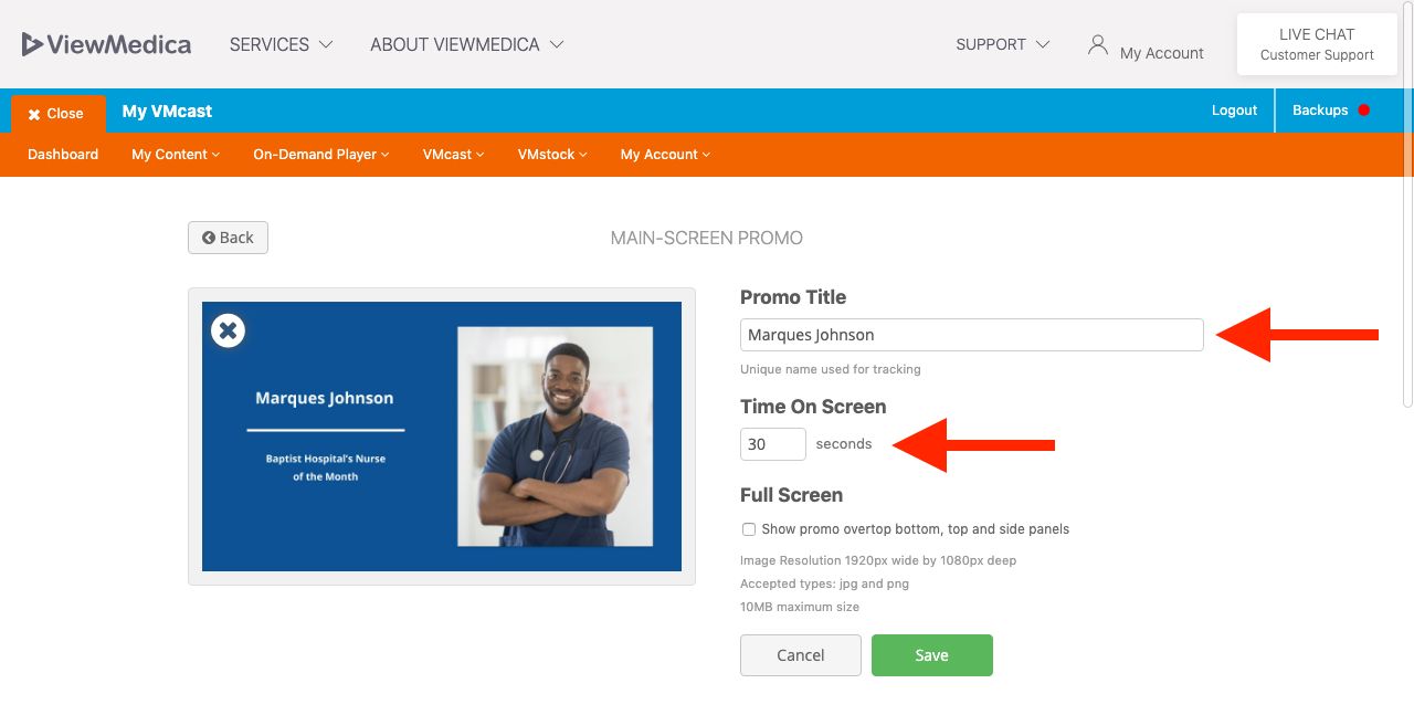 Enter a title and duration for your bottom promo.
