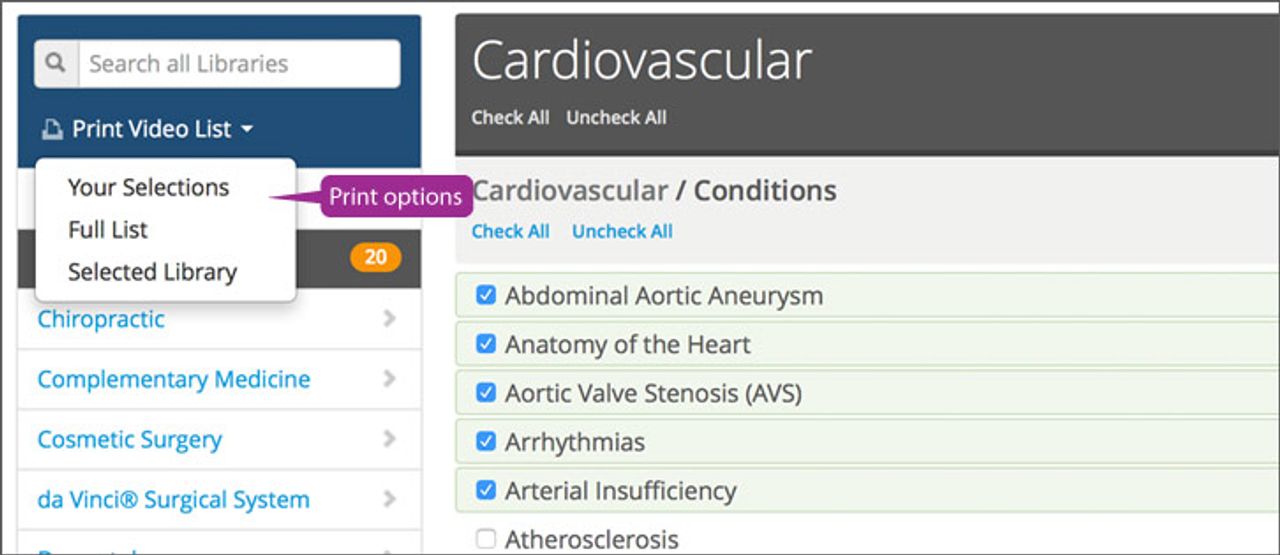 A printable list of ViewMedica content is available by clicking the print list button.