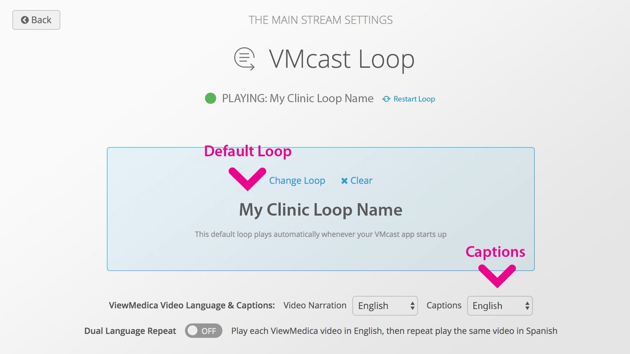 The captioning setting for a loop is located on the loop panel of a stream.