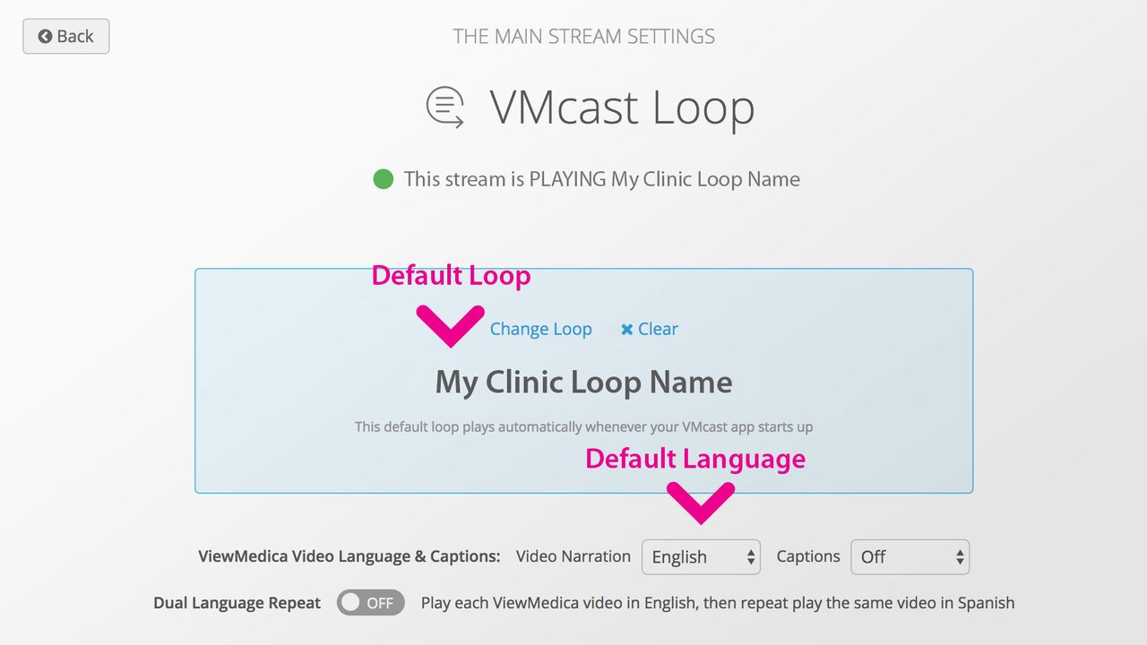 The language setting for a loop is set in the loop panel of a stream.