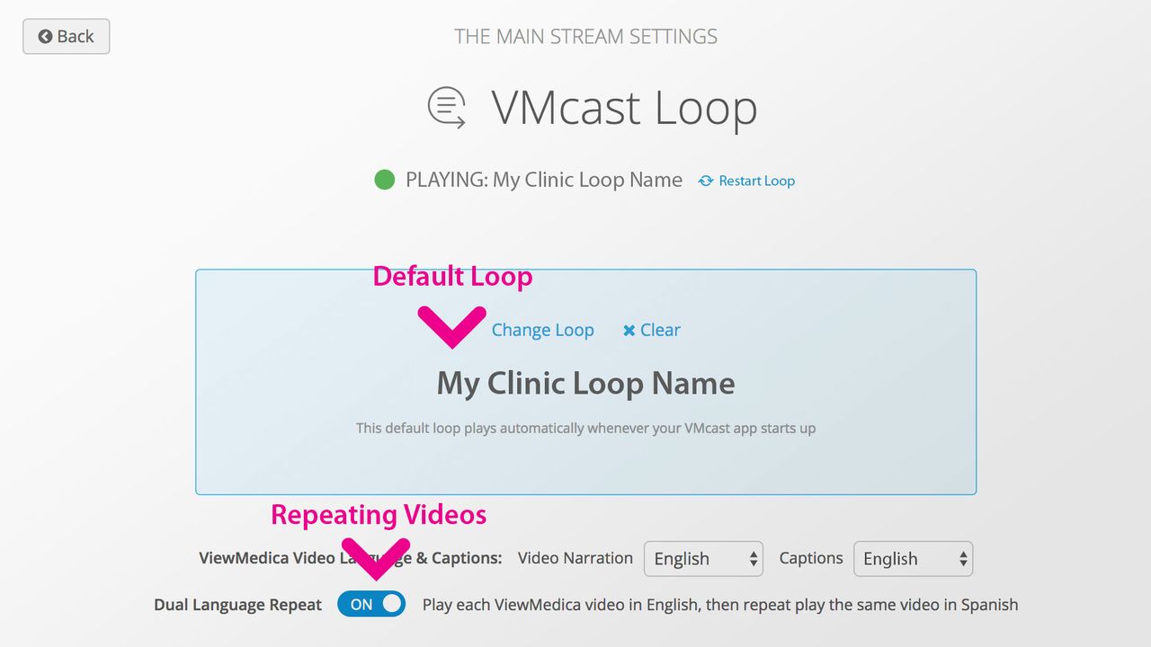 The dual language repeat setting is located in the loop panel of a stream.