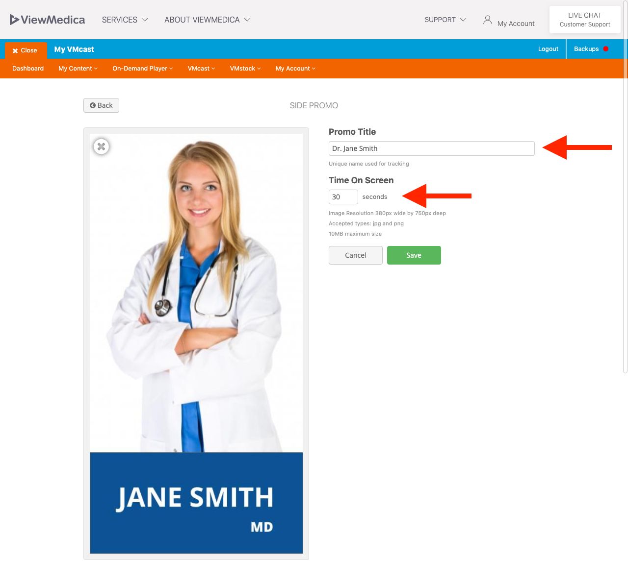 Enter a title and duration for your bottom promo.