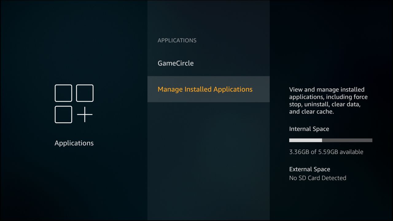 The manage installed applications option is selected.