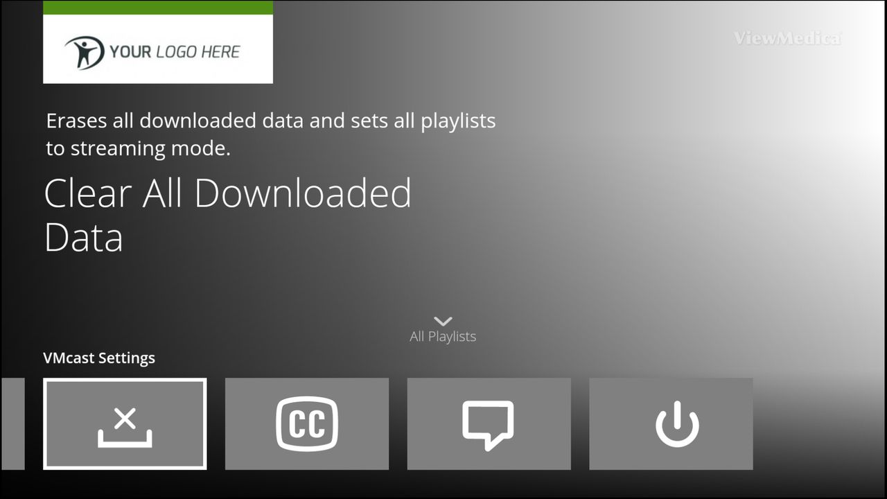 The clear all downloaded data option on the settings panel of the VMcast app is selected.