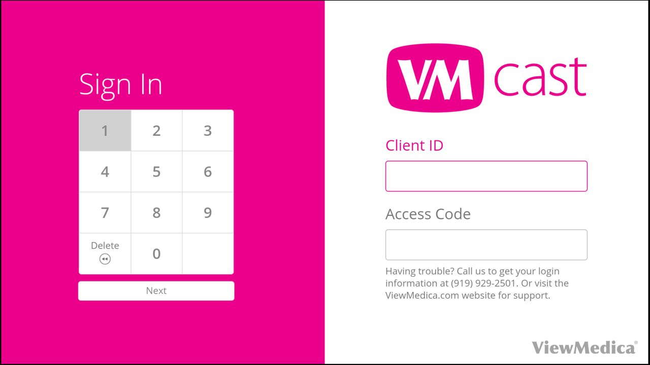 The login screen of the VMcast app.