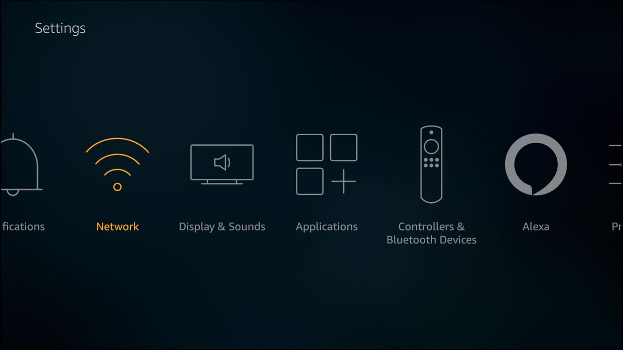 The network option on the settings panel is selected.
