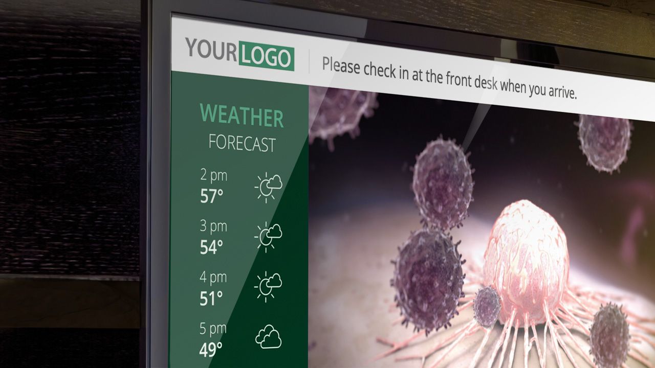The VMcast Waiting room service playing on a television with weather and messages.